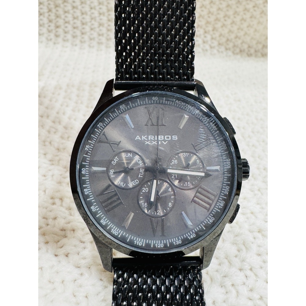 Akribos XXIV AK84BK Black Multifunction Watch Mesh Band Untested